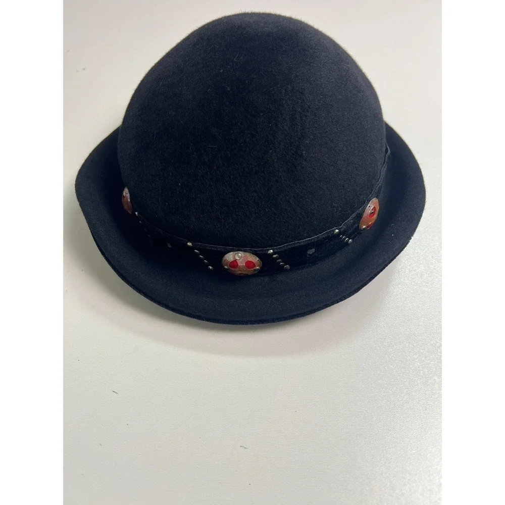 Vintage Merrimac Black Felt Bowler Hat‎ Womens Small Embellished Band
